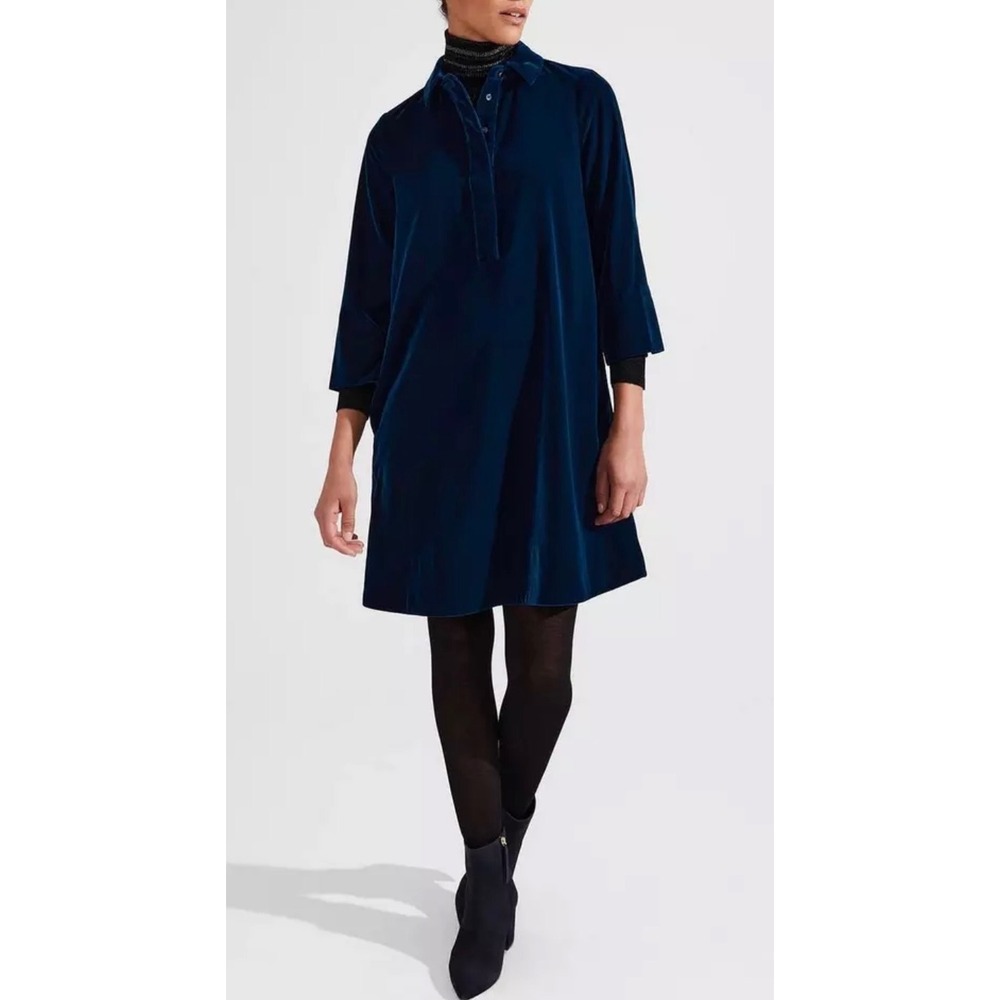 Hobbs London Velvet Marciella Navy Blue Shift Dress Collared 3/4 Sleeve US 14